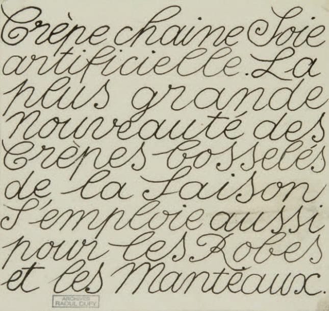 Raoul DUFY (1877-1953)
Crêpe chaine Soie artificielle Encre. Projet de réclame vantant un nouveau tissu pour les ateliers Bianchini-Férier. Timbre des archives Raoul Dufy en bas à gauche. 13,5 x 14,5 cm