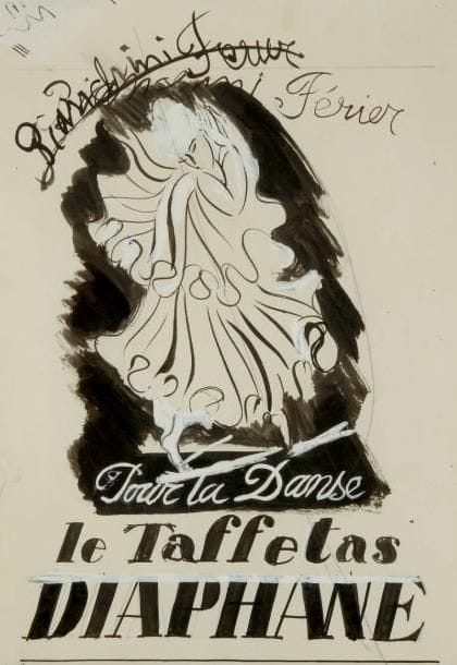 Raoul DUFY (1877-1953)
Le Taffetas Diaphane Encre, gouache et traits de crayon. Projet graphique pour les ateliers Bianchini-Férier. Timbre du monogramme en bas à gauche. 35,5 x 25 cm