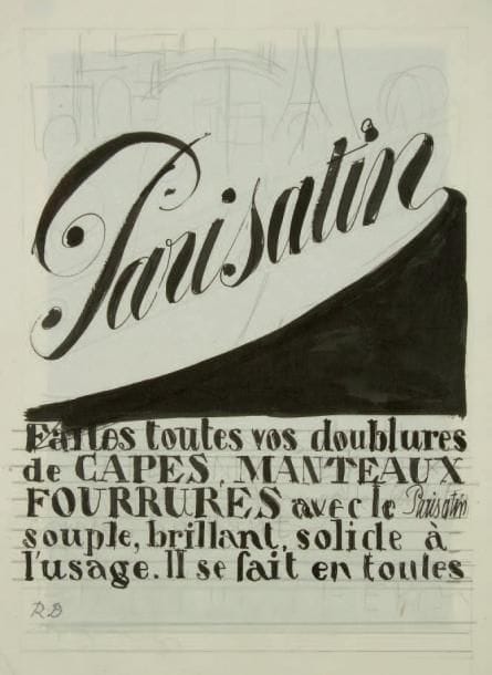 Raoul DUFY (1877-1953)
Parisatin Encre, gouache et traits de crayon. Projet graphique de réclame pour les ateliers Bianchini-Férier. Timbre du monogramme en bas à gauche. (Pliure). 34,5 x 26 cm