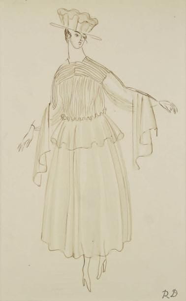 Raoul DUFY (1877-1953)
Étude de robe pour Paul Poiret Encre brune, aquarelle et traits de crayon. Timbre du monogramme en bas à droite. 31 x 20 cm Bibliographie: Galerie Fanny Guillon-Laffaille, Galerie Neffe- Degandt, Raoul Dufy-Paul Poiret, Modèles, aquarelles & dessins, 1917-1919. Paris, Londres, 1998, p. 63