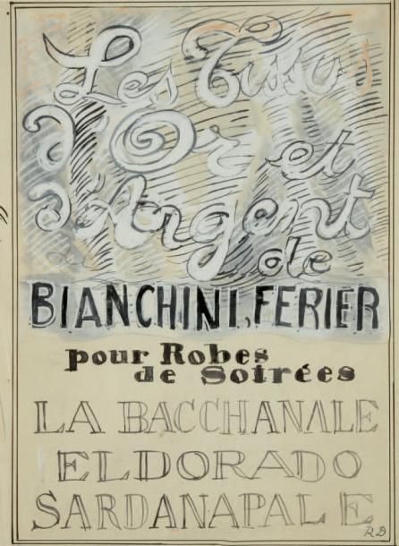 Raoul DUFY (1877-1953)
Les Tissus d'or et d'argent de Bianchini-Férier, pour Robes de Soirées Encre, aquarelle et gouache. Projet d'affiche pour les ateliers Bianchini-Férier. Timbre du monogramme en bas à droite. 39 x 29 cm