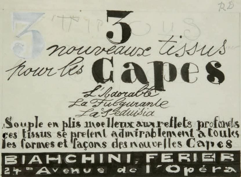 Raoul DUFY (1877-1953)
3 nouveaux tissus pour les Capes Encre, gouache et traits de crayon. Projet graphique pour les ateliers Bianchini-Férier. Timbre du monogramme en haut à droite. 17 x 23 cm