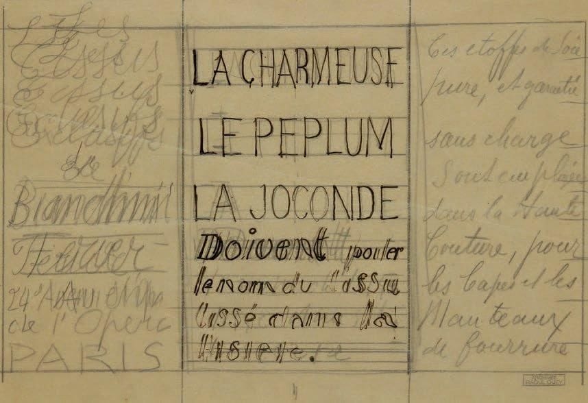 Raoul DUFY (1877-1953)
Les Tissus Bianchini-Férier Encre et mine de plomb sur papier calque. Projet graphique de réclame pour les ateliers Bianchini-Férier. Timbre des archives Raoul Dufy en bas à droite. (Pliure). 20 x 29 cm