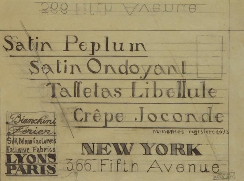 Raoul DUFY (1877-1953)
Tissus Bianchini-Férier enregistrés aux États-Unis Encre et mine de plomb sur papier calque. Projet graphique pour les ateliers Bianchini-Férier à New York. Timbre des archives Raoul Dufy en bas à droite. (Déchirure). 17 x 23 cm