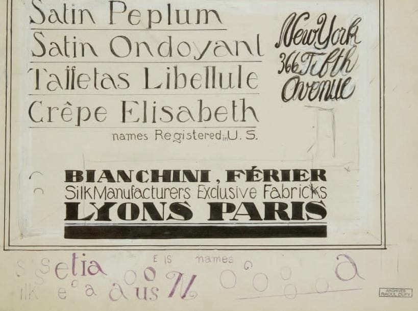 Raoul DUFY (1877-1953)
Tissus Bianchini-Férier enregistrés aux États-Unis Encre, gouache et traits de crayon. Projet graphique pour les ateliers Bianchini-Férier. Timbre des archives Raoul Dufy en bas à droite. 19,5 x 26 cm