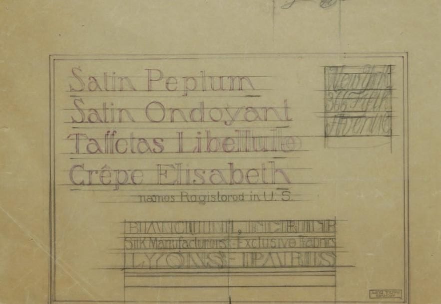 Raoul DUFY (1877-1953)
Noms des tissus Bianchini-Férier enregistrés aux États-Unis Encre et mine de plomb sur papier calque. Projet graphique pour les ateliers Bianchini-Férier. Timbre des archives Raoul Dufy en bas à droite. (Pliure). 20 x 29 cm