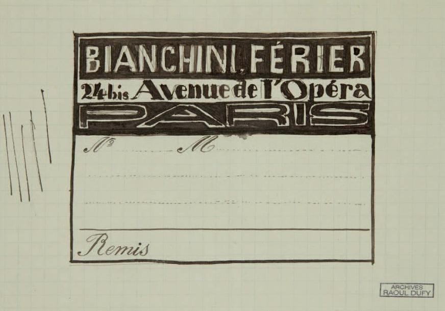 Raoul DUFY (1877-1953)
Bon de remise Encre et traits de crayon sur feuille quadrillée. Projet graphique pour les ateliers Bianchini-Férier. Timbre des archives Raoul Dufy en bas à droite. 12 x 17 cm