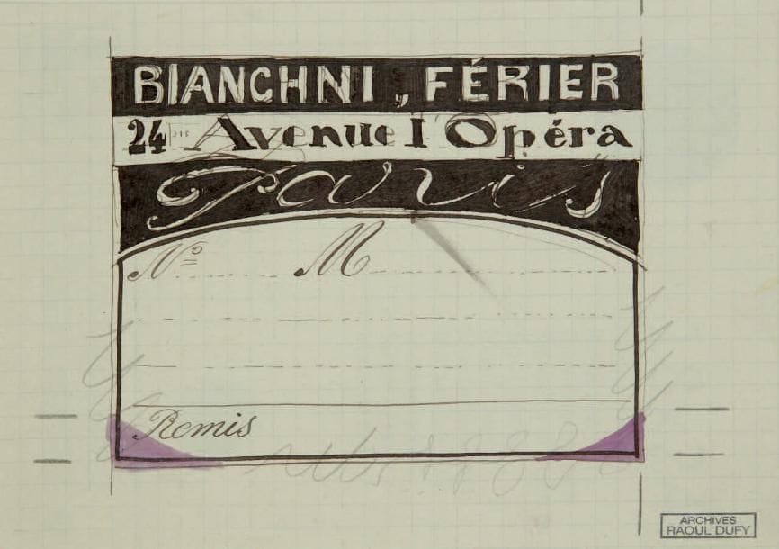 Raoul DUFY (1877-1953)
Bon de remise Encre, aquarelle, gouache et traits de crayon. Projet graphique pour les ateliers Bianchini-Férier. Timbre des archives Raoul Dufy en bas à droite. 12 x 17 cm