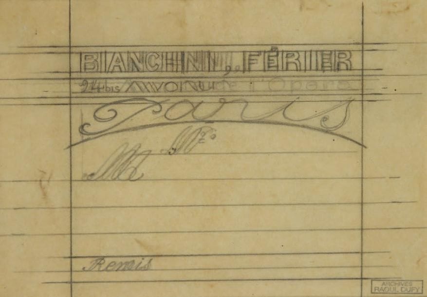 Raoul DUFY (1877-1953)
Bon de remise Mine de plomb sur papier calque. Projet graphique pour les ateliers Bianchini-Férier. Timbre des archives Raoul Dufy en bas à droite. 12 x 17 cm