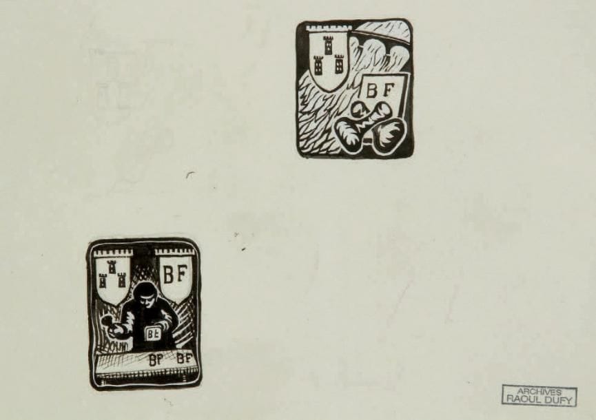 Raoul DUFY (1877-1953)
Lettrines Encre. Projet d'entêtes pour les ateliers Bianchini-Férier. Timbre des archives Raoul Dufy en bas à droite. 12 x 17 cm