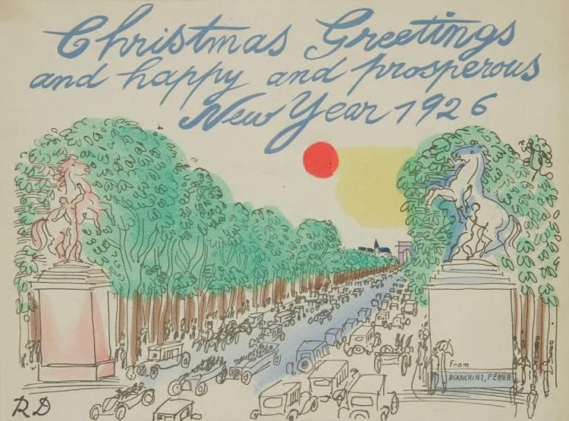 Raoul DUFY (1877-1953)
Christmas Greetings and happy and prosperous new year 1926 Lithographie couleurs. Carte de voeux des ateliers Bianchini-Février. Les Champs-Élysées depuis la place de la Concorde. Timbre du monogramme en bas à gauche. 17 x 23 cm.

Les lots 159 à 164 seront vendus avec faculté de réunion.


