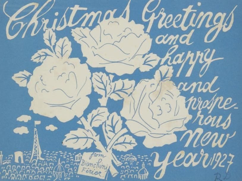 Raoul DUFY (1877-1953)
Christmas Greetings and happy and prosperous new year 1927 Carte de voeux des ateliers Bianchini-Férier. Timbre du monogramme en bas à droite. 17 x 23 cm

    		Les lots 159 à 164 seront vendus avec faculté de réunion.

