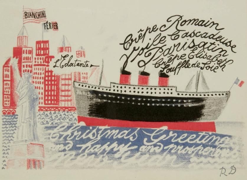 Raoul DUFY (1877-1953)
Christmas Greetings and happy and prosperous new year Carte de voeux américaine des ateliers Bianchini- Férier à New York. Timbre du monogramme en bas à droite. 16,5 x 23 cm

    		Les lots 159 à 164 seront vendus avec faculté de réunion.
