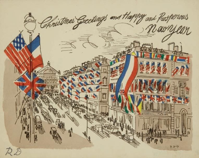 Raoul DUFY (1877-1953)
Christmas Greetings and happy and prosperous new year Carte de voeux aux drapeaux des ateliers Bianchini- Férier. Timbre du monogramme en bas à gauche. 15,5 x 19,5 cm

    		Les lots 159 à 164 seront vendus avec faculté de réunion.
