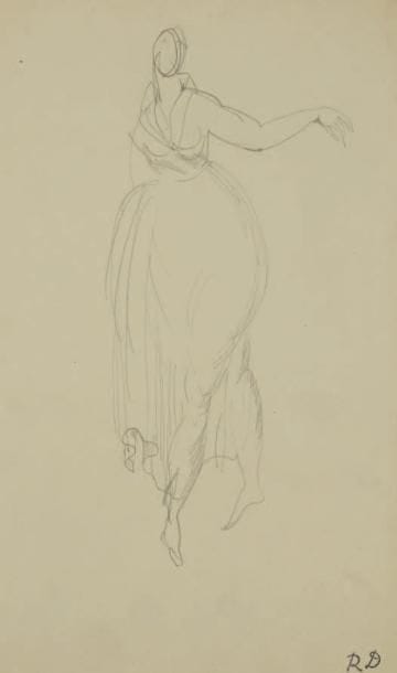 Raoul DUFY (1877-1953)
Étude de robe pour Paul Poiret Mine de plomb. Timbre du monogramme en bas à droite. 31 x 20 cm Bibliographie: Galerie Fanny Guillon-Laffaille, Galerie Neffe- Degandt, Raoul Dufy-Paul Poiret, Modèles, aquarelles & dessins, 1917-1919. Paris, Londres, 1998, p. 14