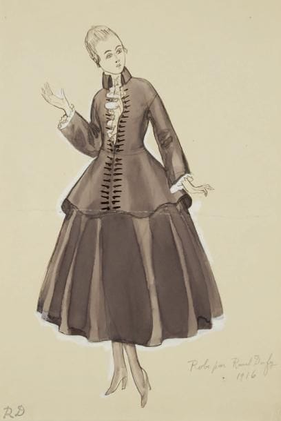 Raoul DUFY (1877-1953)
Étude de robe pour Paul Poiret, 1916 Encre, aquarelle, traits de crayon et gouache. Timbre du monogramme en bas à gauche. Annotée au crayon par Raoul Dufy "Robe par Raoul Dufy" et datée 1916 en bas à droite. (Pliure au milieu). 31 x 20 cm Bibliographie: Galerie Fanny Guillon-Laffaille, Galerie Neffe- Degandt, Raoul Dufy-Paul Poiret, Modèles, aquarelles & dessins, 1917-1919. Paris, Londres, 1998, p. 78