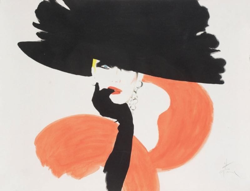 René GRUAU (1909-2004)
Élégante au chapeau. Aquarelle sur fond de pochoir. Signée à la mine de plomb en bas à droite. 50 x 65 cm Provenance: Collection Kouka

