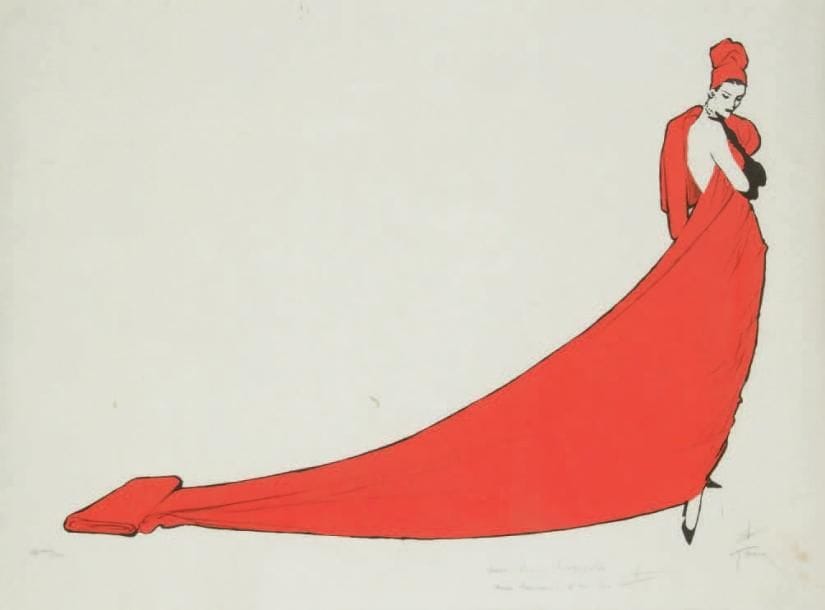 René GRUAU (1909-2004)
Femme en rouge Lithographie sur papier japon. Signée et dédicacée en bas à droite. Épreuve d'artiste numérotée sur 45 en bas à gauche. 60 x 80 cm