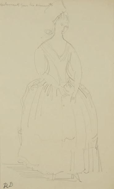 Raoul DUFY (1877-1953)
Étude de robe pour Paul Poiret Mine de plomb. Timbre du monogramme en bas à gauche. Annotation en haut à gauche (de la main de l'artiste?): "Intéressants pour les ornements". 31 x 20 cm Bibliographie: Galerie Fanny Guillon-Laffaille, Galerie Neffe- Degandt, Raoul Dufy-Paul Poiret, Modèles, aquarelles & dessins, 1917-1919. Paris, Londres, 1998, p. 38