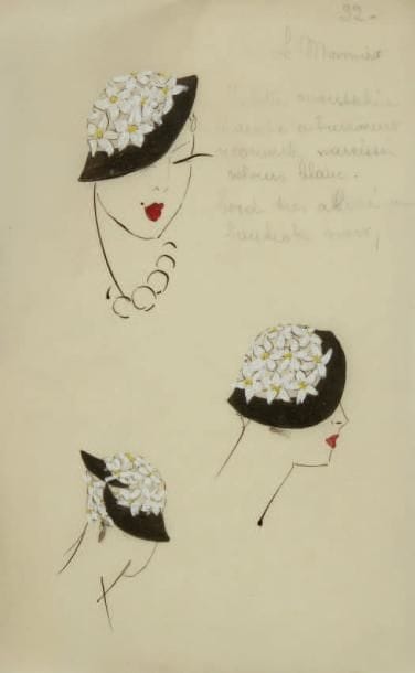 Atelier Léo TISSANDIÉ (XXe siècle)
Chapeaux Encre, gouache, aquarelle et traits de crayon sur papier calque. 12 dessins techniques. Annotations du créateur. Certaines planches portent le prénom du modèle. Numéro de croquis en haut de la planche (de 2 à 46). (Pliures). 26 x 17 cm