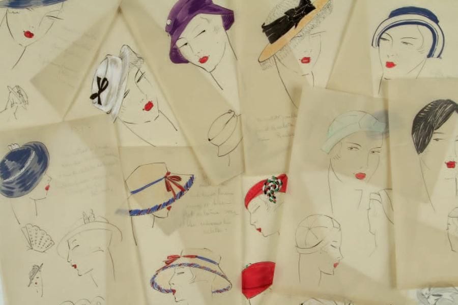 Atelier Léo TISSANDIÉ (XXe siècle)
Chapeaux Encre, gouache, aquarelle et traits de crayon sur papier calque. 12 dessins techniques. Annotations du créateur. Numéro de croquis en haut de la planche (de 122 à 136). (Pliures). 26 x 17 cm