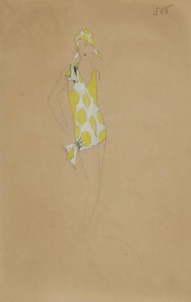 Atelier Léo TISSANDIÉ (XXe siècle)
Costumes de bain Encre, gouache, aquarelle et traits de crayon sur papier calque. 12 dessins techniques. Numéro de croquis en haut à droite (de 508 à 534). 25 x 16 cm
