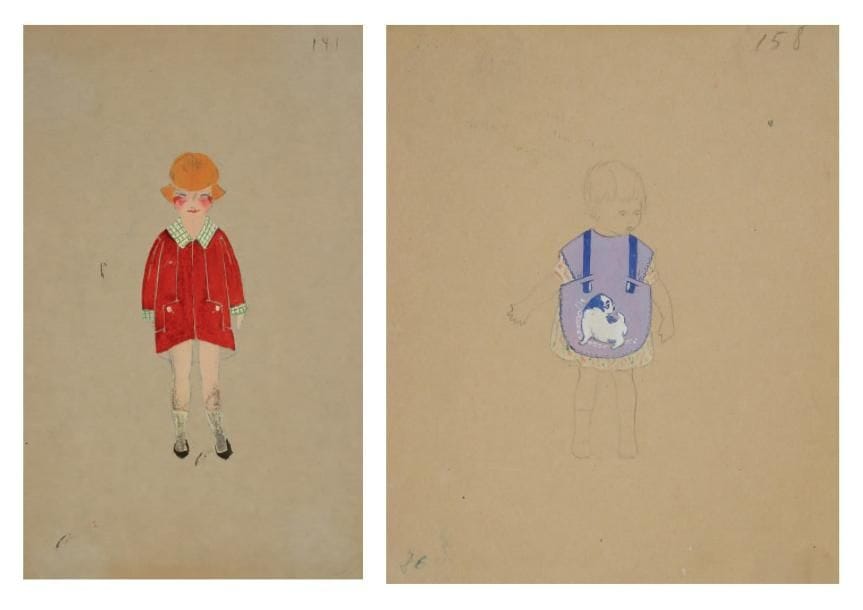 Atelier Léo TISSANDIÉ (XXe siècle)
Mode enfants Gouache et traits de crayon. 4 dessins techniques. Une planche signée en bas à droite. Numéro de croquis en haut de la planche (141, 144, 158 et 163). Divers formats. Environ:19 x 15 cm