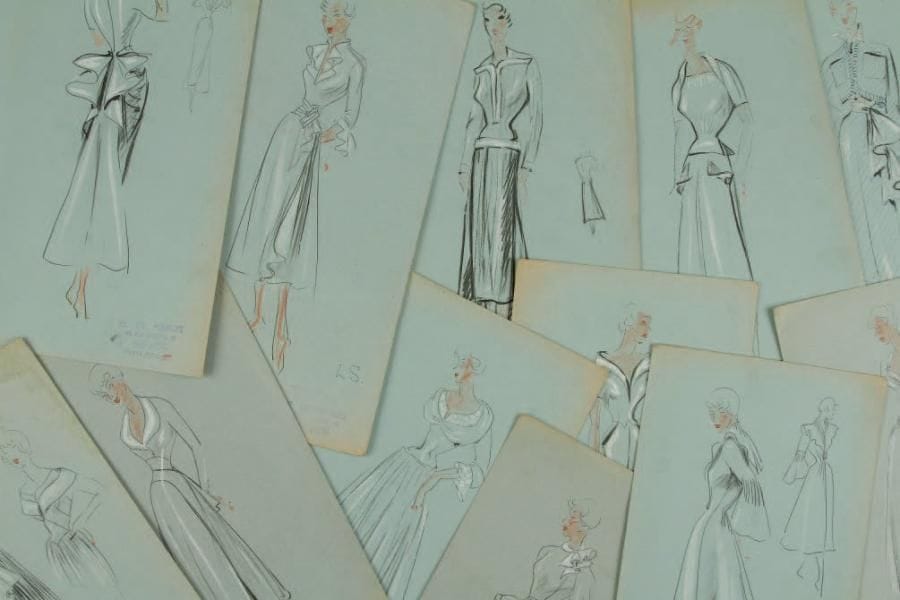 Atelier Léo TISSANDIÉ (XXe siècle)
Robes Crayon, encre, mine de plomb et rehauts de gouache. 12 dessins techniques. Portent pour la plupart un cachet en bas à droite, "O. de Pennes" (archiviste?), avec l'adresse de l'atelier. Numéro de croquis au dos des planches (de 600 à 653). 26 x 17 cm