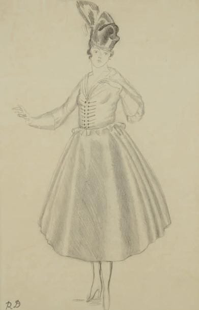 Raoul DUFY (1877-1953)
Étude de robe pour Paul Poiret Mine de plomb. Timbre du monogramme en bas à gauche. 34 x 22 cm Bibliographie: Galerie Fanny Guillon-Laffaille, Galerie Neffe- Degandt, Raoul Dufy-Paul Poiret, Modèles, aquarelles & dessins, 1917-1919. Paris, Londres, 1998, p. 82