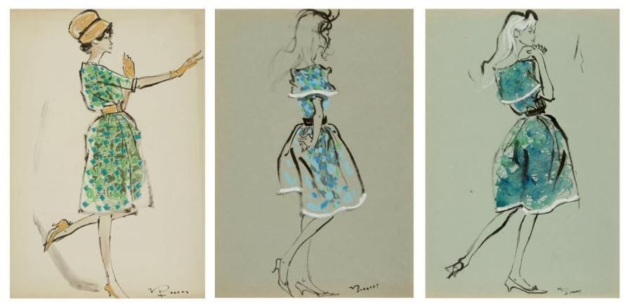 ÉCOLE FRANÇAISE DES ANNÉES 50
Jeunes femmes aux robes fleuries Encre et gouache. Ensemble de 3 dessins. Portent une signature en bas à droite 39,5 x 27 cm