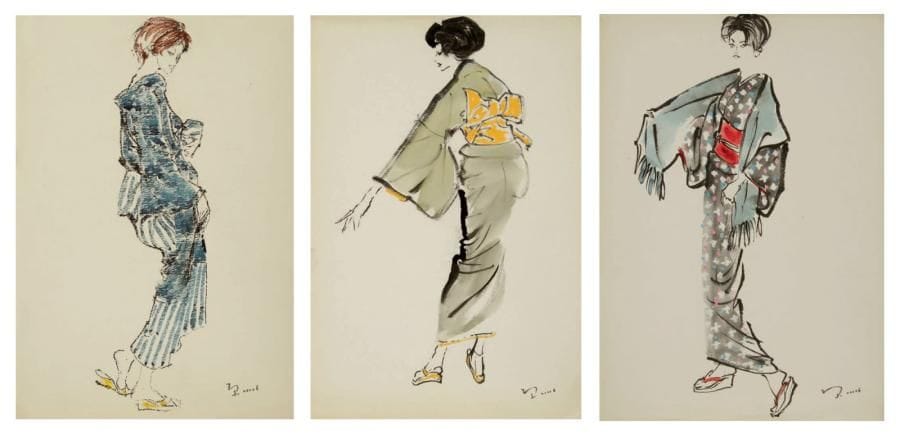 ÉCOLE FRANÇAISE DES ANNÉES 50
Jeunes femmes aux kimonos Encre et gouache. Ensemble de 3 dessins. Portent une signature en bas à droite 39,5 x 27 cm
