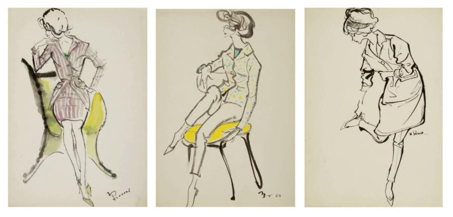 ÉCOLE FRANÇAISE DES ANNÉES 50
Jeunes femmes aux tailleurs Encre et gouache. Ensemble de 3 dessins. Portent une signature en bas à droite. Un dessin daté 59 en bas à droite. 39,5 x 27 cm
