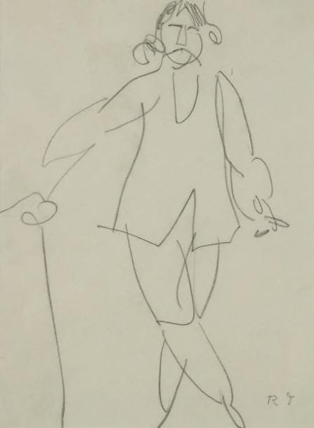 Raoul DUFY (1877-1953)
Homme à la canne. Projet de costume pour "la Fête des Rois" Mine de plomb. Monogrammée en bas à droite. 20,5 x 15 cm Le 10 janvier 1914, Poiret, avec la collaboration de son ami Dufy, organise "La Fête des Rois"