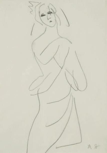 Raoul DUFY (1877-1953)
Femme au drapé. Projet de costume pour "la Fête des Rois" Mine de plomb. Monogrammée en bas à droite. 20,5 x 15 cm
