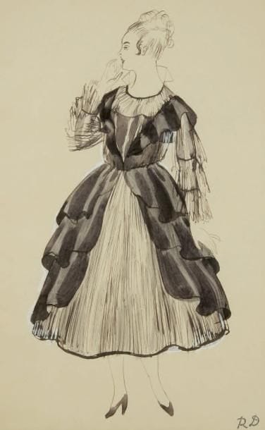 Raoul DUFY (1877-1953)
Étude de robe pour Paul Poiret Encre, aquarelle et gouache. Timbre du monogramme en bas à droite. 31 x 20 cm Bibliographie: Galerie Fanny Guillon-Laffaille, Galerie Neffe- Degandt, Raoul Dufy-Paul Poiret, Modèles, aquarelles & dessins, 1917-1919. Paris, Londres, 1998, p. 78