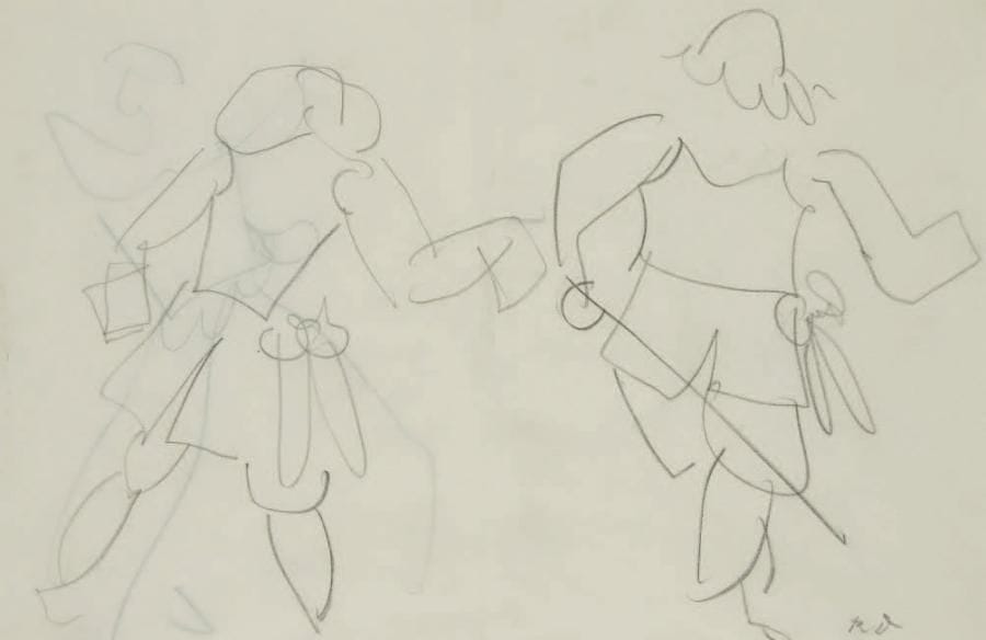 Raoul DUFY (1877-1953)
Mousquetaires. Projet de costume pour "la Fête des Rois" Mine de plomb recto-verso. Monogrammée en bas à droite. (Pliure). 20,5 x 31 cm