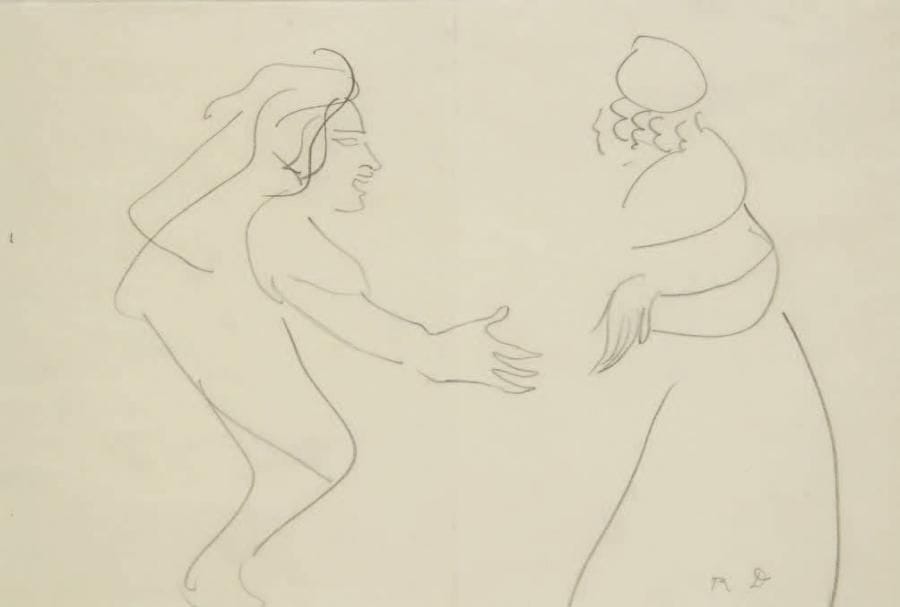 Raoul DUFY (1877-1953)
Deux personnages. Projet de costume pour "la Fête des Rois" Mine de plomb. Monogrammée en bas vers la droite. (Pliure). 20,5 x 31 cm