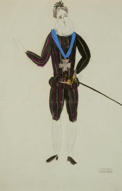 Raoul DUFY (1877-1953)
Projet de costume de bal pour homme dans l'esprit de la Cour des Valois Gouache et traits de crayon. Timbre de l'atelier Raoul Dufy en bas à droite. 29 x 19 cm