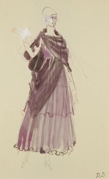 Raoul DUFY (1877-1953)
Projet de costume pour Paul Poiret Encre, aquarelle, traits de crayon et gouache. Timbre du monogramme en bas à droite. 31 x 20 cm Bibliographie: Galerie Fanny Guillon-Laffaille, Galerie Neffe- Degandt, Raoul Dufy-Paul Poiret, Modèles, aquarelles & dessins, 1917-1919. Paris, Londres, 1998, p. 58