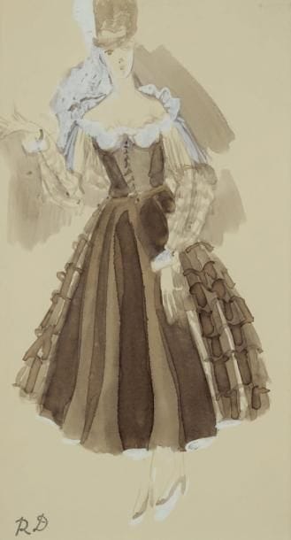 Raoul DUFY (1877-1953)
Projet de costume pour Paul Poiret Encre, aquarelle et gouache. Timbre du monogramme en bas à gauche. 27 x 16 cm Bibliographie: Galerie Fanny Guillon-Laffaille, Galerie Neffe- Degandt, Raoul Dufy-Paul Poiret, Modèles, aquarelles & dessins, 1917-1919. Paris, Londres, 1998, p. 79
