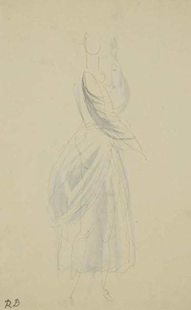 Raoul DUFY (1877-1953)
Projet de costume pour Paul Poiret Encre et aquarelle. Timbre du monogramme en bas à gauche. 34 x 22 cm Bibliographie: Galerie Fanny Guillon-Laffaille, Galerie Neffe- Degandt, Raoul Dufy-Paul Poiret, Modèles, aquarelles & dessins, 1917-1919. Paris, Londres, 1998, p. 39