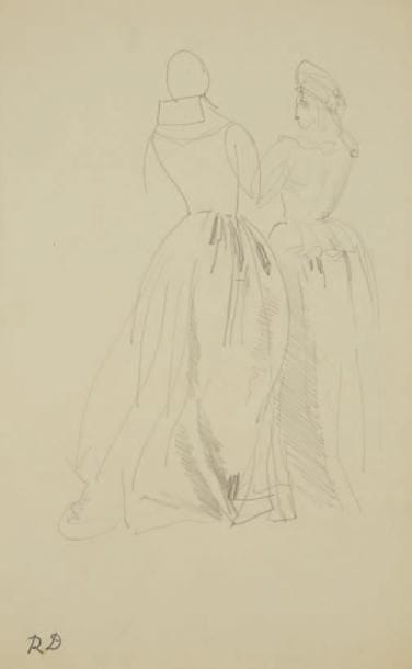 Raoul DUFY (1877-1953)
Projet de costumes de femmes pour Paul Poiret Mine de plomb. Timbre du monogramme en bas à gauche. 31 x 20 cm Bibliographie: Galerie Fanny Guillon-Laffaille, Galerie Neffe- Degandt, Raoul Dufy-Paul Poiret, Modèles, aquarelles & dessins, 1917-1919. Paris, Londres, 1998, p. 16