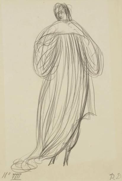 Raoul DUFY (1877-1953)
Projet de costume pour Paul Poiret Mine de plomb. Timbre du monogramme en bas à droite. Annotée "N°VIII" en bas à gauche. 31 x 20 cm Bibliographie: Galerie Fanny Guillon-Laffaille, Galerie Neffe- Degandt, Raoul Dufy-Paul Poiret, Modèles, aquarelles & dessins, 1917-1919. Paris, Londres, 1998, p. 24
