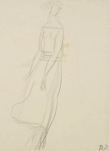 Raoul DUFY (1877-1953)
Projet de costume de femme pour Paul Poiret Mine de plomb. Timbre du monogramme en bas à droite. (Rousseurs au niveau du bras). 31 x 20 cm Bibliographie: Galerie Fanny Guillon-Laffaille, Galerie Neffe- Degandt, Raoul Dufy-Paul Poiret, Modèles, aquarelles & dessins, 1917-1919. Paris, Londres, 1998, p. 14