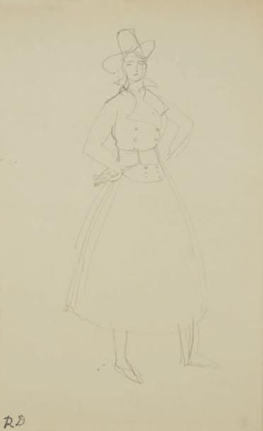 Raoul DUFY (1877-1953)
Projet de costume pour Paul Poiret Mine de plomb. Timbre du monogramme en bas à gauche. 31 x 20 cm Bibliographie: Galerie Fanny Guillon-Laffaille, Galerie Neffe- Degandt, Raoul Dufy-Paul Poiret, Modèles, aquarelles & dessins, 1917-1919. Paris, Londres, 1998, p. 14