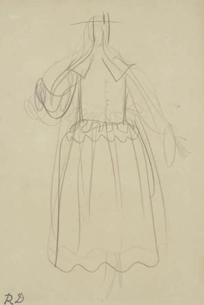 Raoul DUFY (1877-1953)
Projet de costume pour Paul Poiret Mine de plomb. Timbre du monogramme en bas à gauche. 25 x 18 cm Bibliographie: Galerie Fanny Guillon-Laffaille, Galerie Neffe- Degandt, Raoul Dufy-Paul Poiret, Modèles, aquarelles & dessins, 1917-1919. Paris, Londres, 1998, p. 37