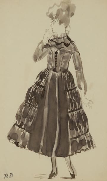 Raoul DUFY (1877-1953)
Étude de robe pour Paul Poiret, vers 1917 Encre et aquarelle. Timbre du monogramme en bas à gauche. (Restauration en bas à gauche). 31 x 20 cm Bibliographie: Galerie Fanny Guillon-Laffaille, Galerie Neffe- Degandt, Raoul Dufy-Paul Poiret, Modèles, aquarelles & dessins, 1917-1919. Paris, Londres, 1998, p. 45