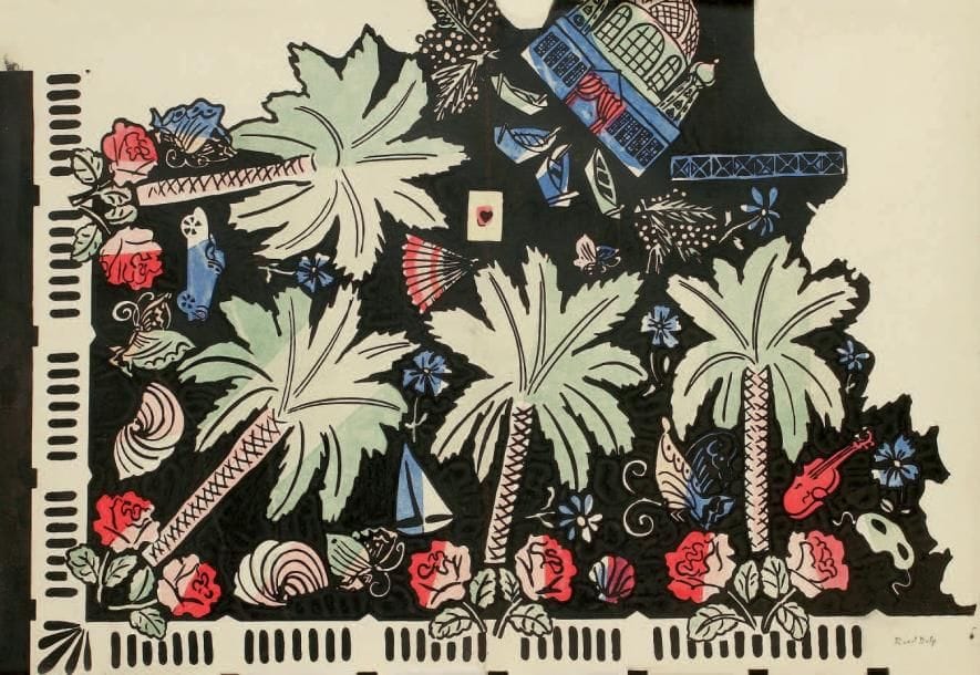 Raoul DUFY (1877-1953)
Projet de foulard "le Casino de Nice" Pochoir. Porte le timbre de la signature en bas à droite. 59 x 88 cm