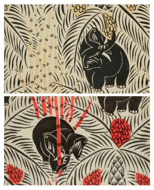 Raoul DUFY (1877-1953)
Tissu aux éléphants Pochoir. Joint: échantillon de tissu au modèle, dans un même montage. 17 x 28 cm