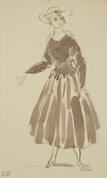 Raoul DUFY (1877-1953)
Étude de robe pour Paul Poiret, vers 1917 Encre, aquarelle et traits de crayon. Timbre du monogramme en bas à gauche. 31 x 20 cm Bibliographie: Galerie Fanny Guillon-Laffaille, Galerie Neffe- Degandt, Raoul Dufy-Paul Poiret, Modèles, aquarelles & dessins, 1917-1919. Paris, Londres, 1998, p. 75